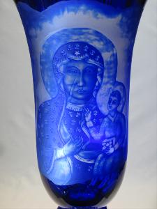 Vase Religieux " Vierge Marie et Jésus " en Cristal de Bohème Bleu cobalt