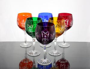 Service 6 Verre à vin cristal bohème couleur pied calice