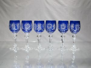 Verres Porto Liqueur sur pied Taille Etoile Diamant Cristal Boheme Bleu