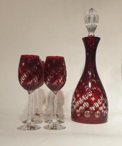 Coffret carafe et 6 verres à vin élégants boules rouge rubis en cristal bohème