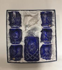 Coffret de carafe à whisky et 6 verres bleu en cristal bohème